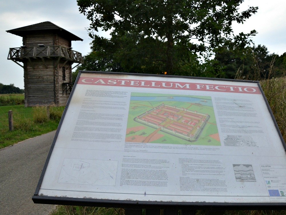Plaque and reconstructed watchtower of the Roman Castellum Fectio